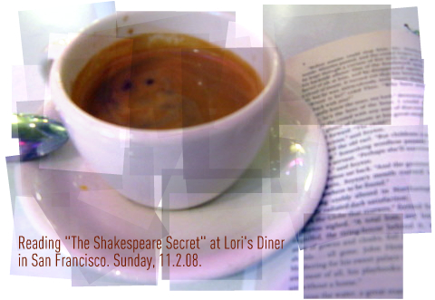 Reading The Shakespeare Secret with espresso in San Fran