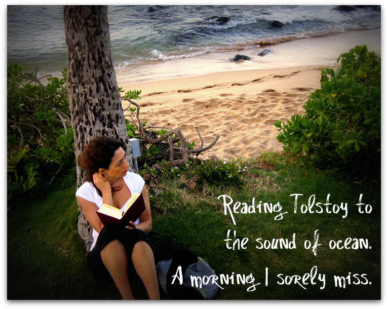 Reading Anna Karenina near Pacific Ocean