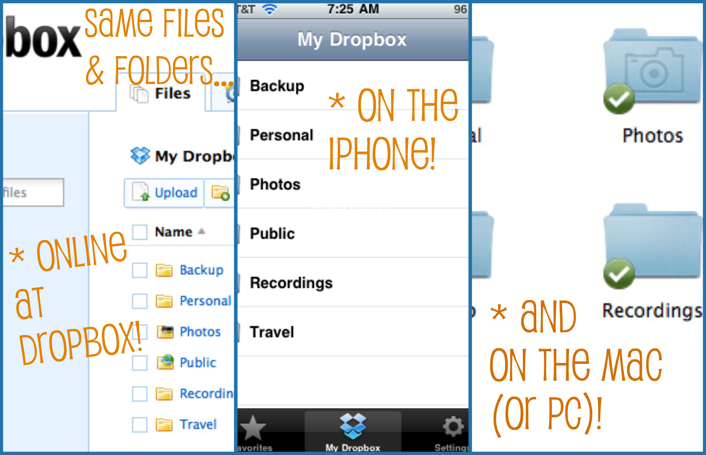 Dropbox Everywhere (online, phone, mac)